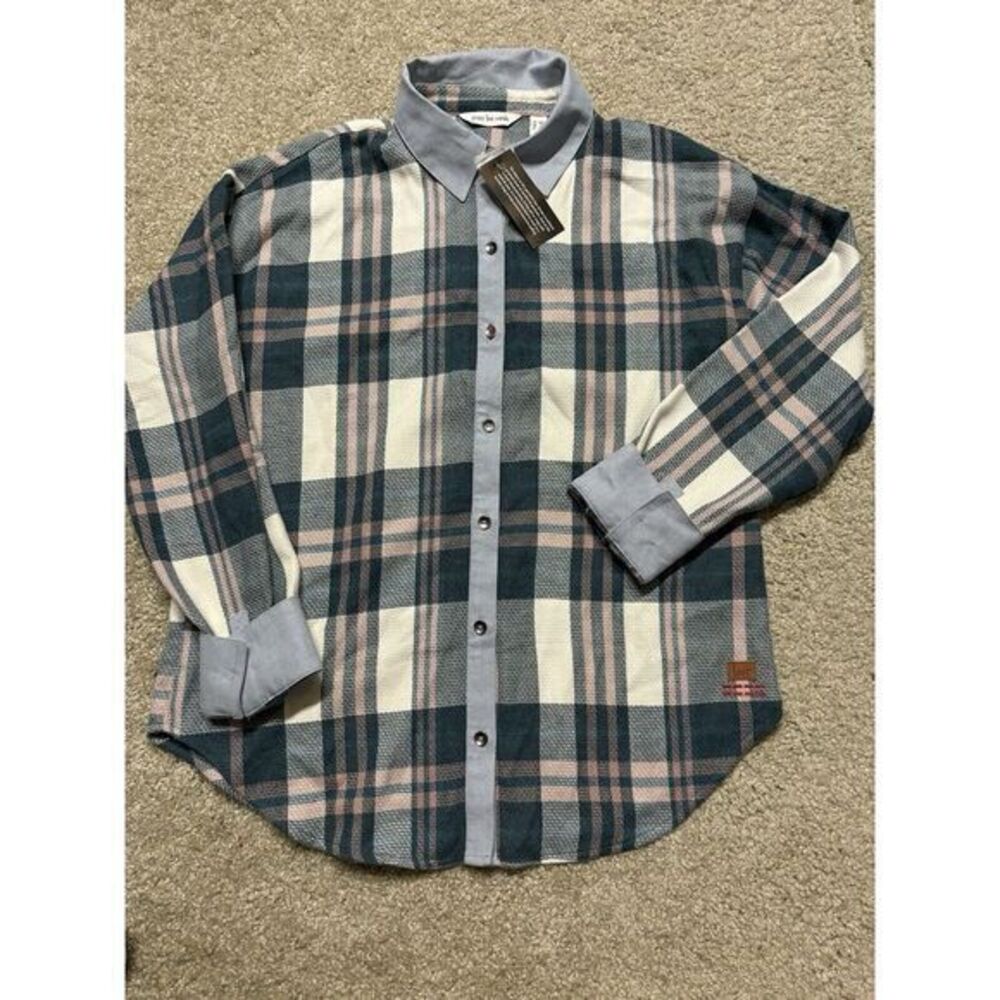 PEACE LOVE WORLD Women's Long Sleeve Flannel Plaid Top XXS BLUE/pink